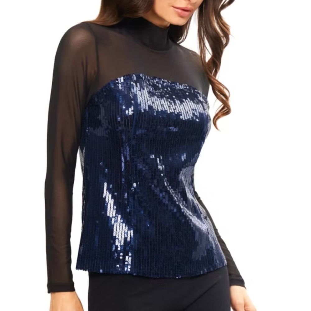 Blue Sequined Mesh Top
